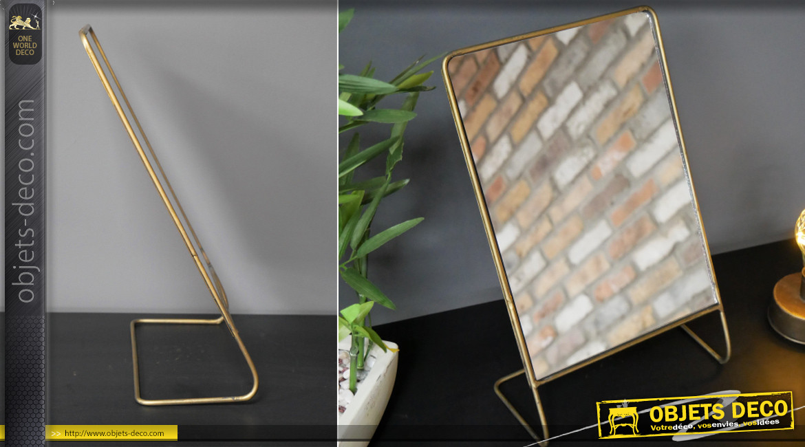 Miroir de table en métal finition dorée effet patine brossée, ambiance épurée linéaire, 33cm