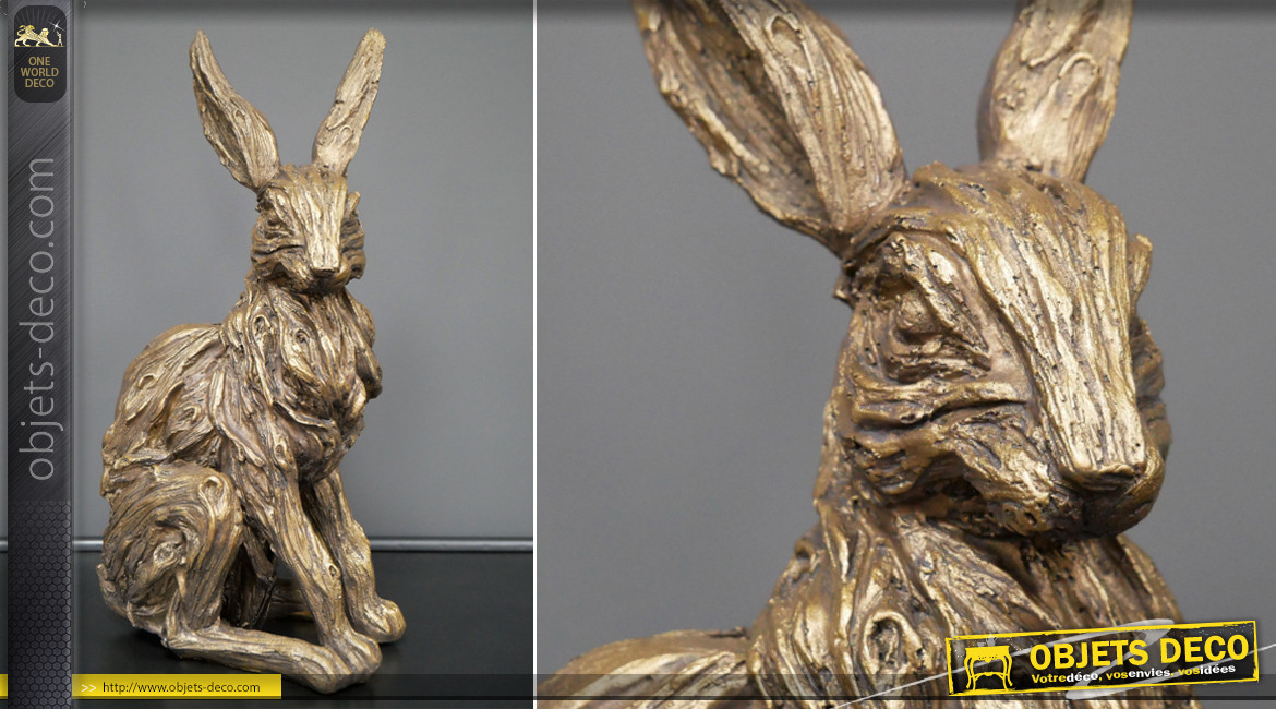 Représentation en résine d'un lapin sauvage, finition effet métal doré patiné ancien, ambiance campagne chic, 35cm