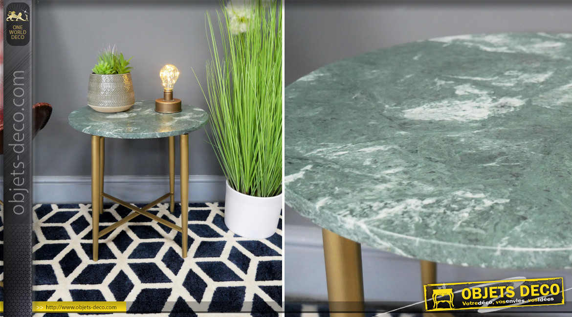 Table d'appoint en métal et marbre, finition laiton effet brossé et plateau lustré brillant, ambiance belles matières, Ø43cm