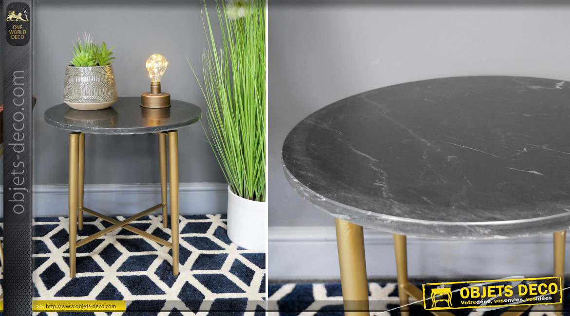 Table d'appoint en métal et marbre, finition laiton et plateau en pierre massive gris lustré brillant, ambiance belles matières, Ø43cm