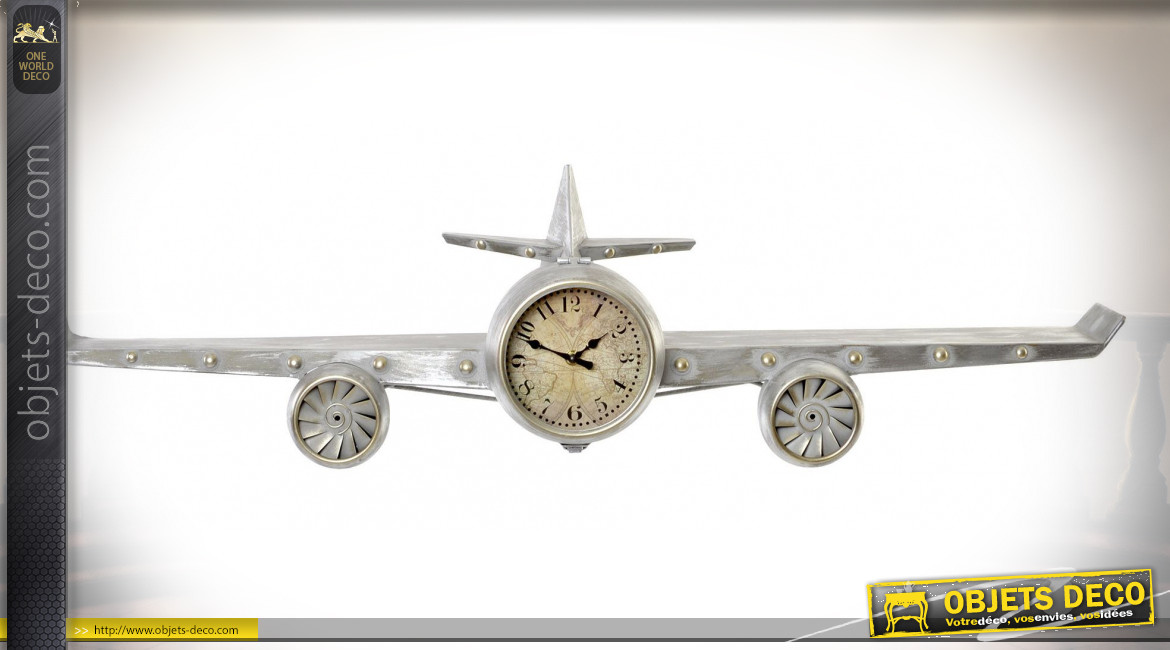 Horloge-étagère en forme de vieil avion d'exploration finition grise vieillie, 101cm
