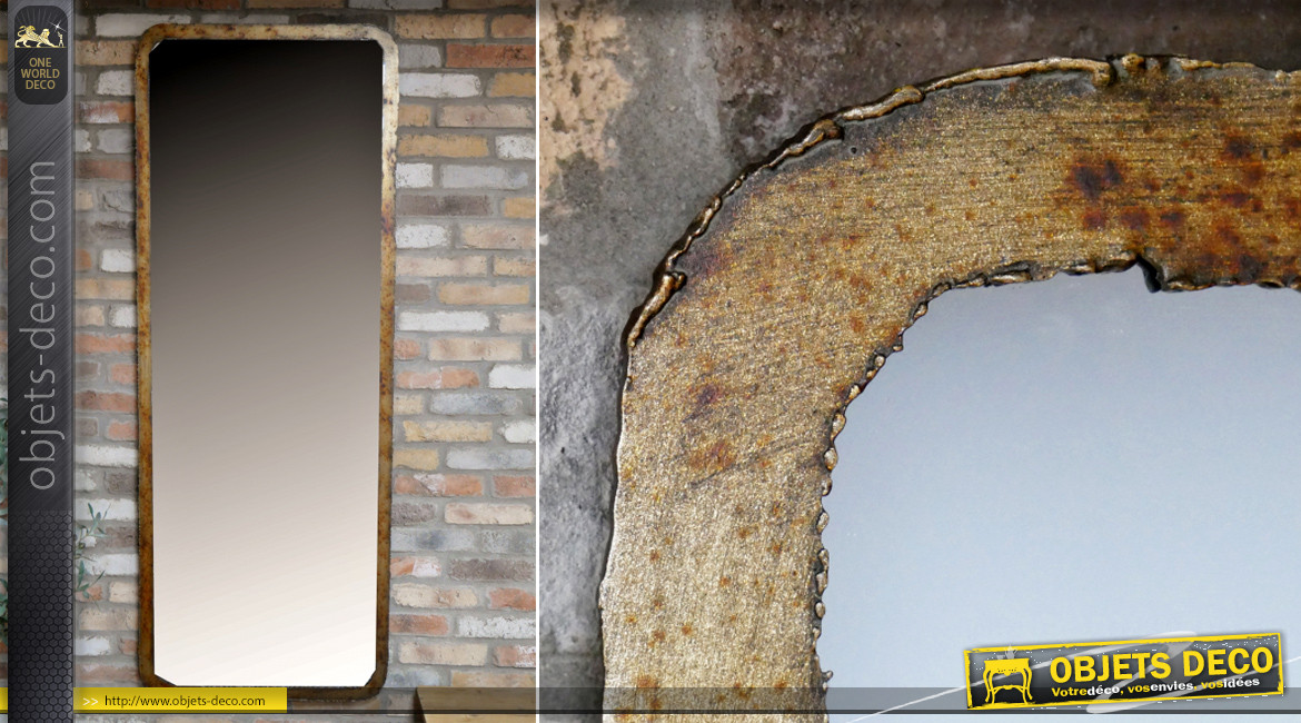Grand miroir vertical à suspendre, finition dorée cuivrée effet oxydé, ambiance industrielle chic, 180cm