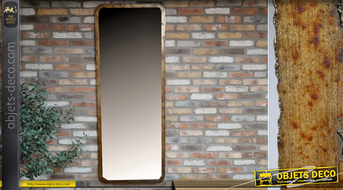 Grand miroir vertical à suspendre, finition dorée cuivrée effet oxydé, ambiance industrielle chic, 180cm