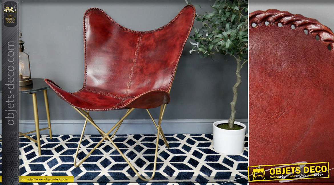 Série de 2 fauteuils papillon en cuir véritable teinté brique cerise et métal finition laiton effet brossé, ambiance chic authentique, 94cm