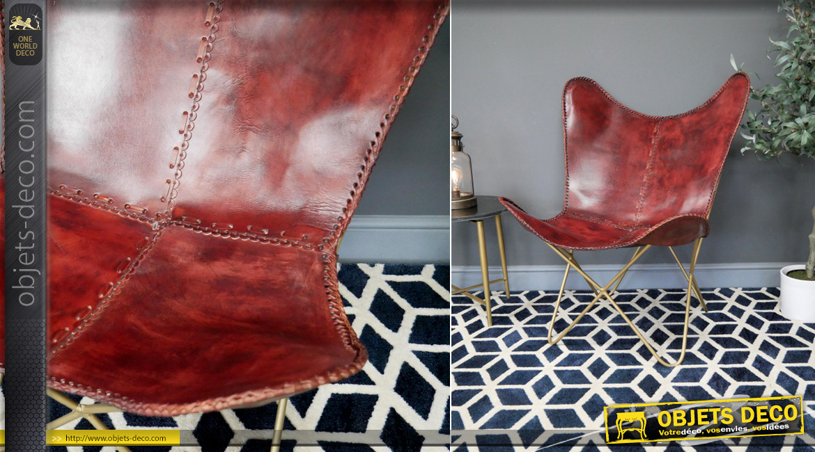 Série de 2 fauteuils papillon en cuir véritable teinté brique cerise et métal finition laiton effet brossé, ambiance chic authentique, 94cm