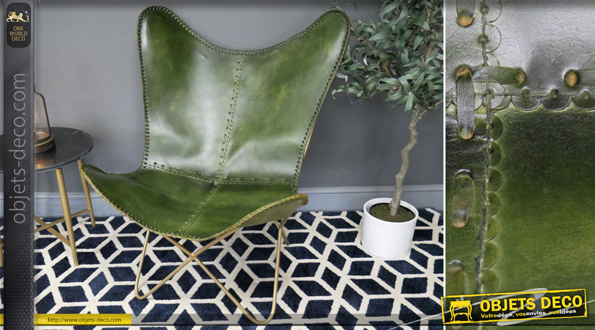 Série de 2 fauteuils papillon en cuir véritable teinté vert bouteille finition laiton effet brossé, ambiance chic authentique, 94cm
