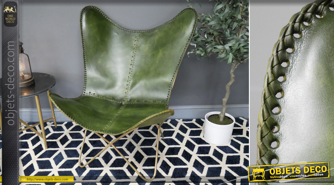 Série de 2 fauteuils papillon en cuir véritable teinté vert bouteille finition laiton effet brossé, ambiance chic authentique, 94cm