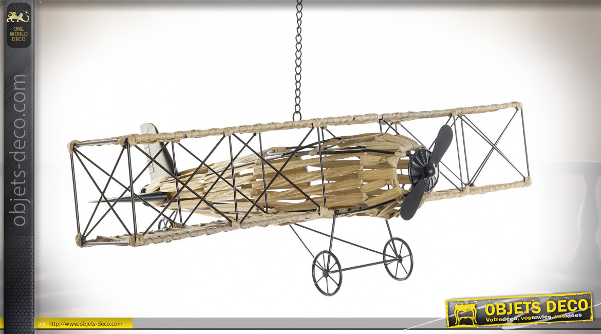 Avion bi-plan à suspendre en métal et rotin synthétique finition beige ambiance voyageur, 78cm