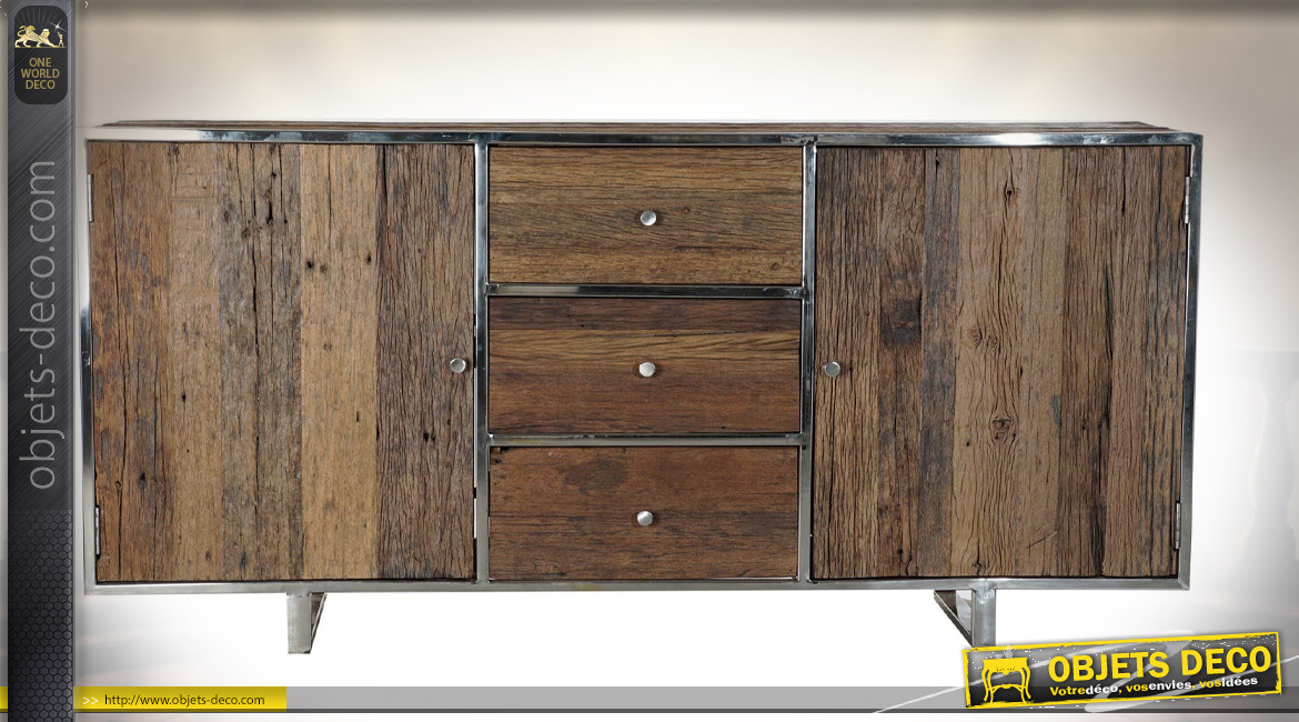 Buffet à 3 tiroirs en bois recyclé finition naturelle vieillie de style rustique, 175cm