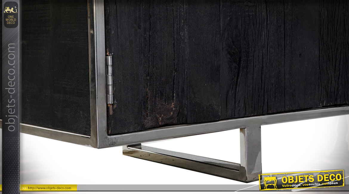 Buffet 2 portes en bois recyclé finition noir charbon de style moderne, 175cm