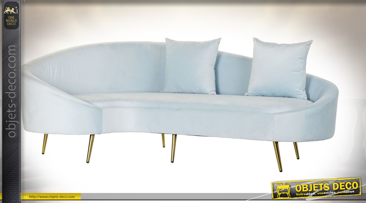 Canapé en velours finition bleu pâle et pieds dorés de style moderne, 210cm
