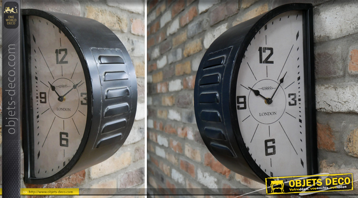 Horloge murale en métal double cadran, en demie lune esprit métro de Londres, finition noir charbon blanchi, 40cm