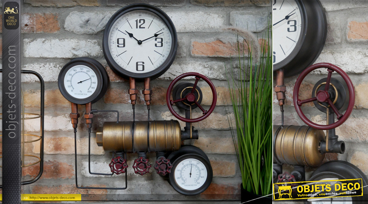Horloge murale en métal de style industriel pur, esprit vannes et nanomètres ambiance salle des machines, 58cm