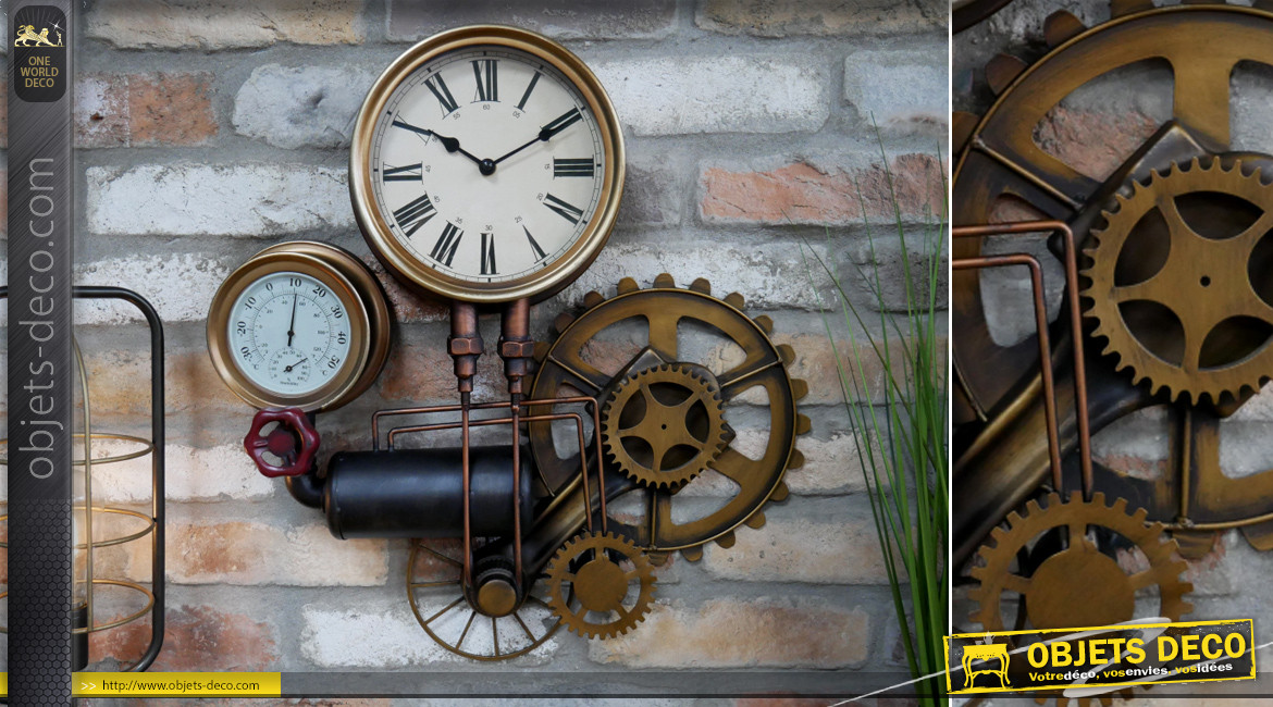 Horloge murale en métal de style industriel, ambiance engrenages et vannes de plomberie, finition laiton et cuivre, 53cm