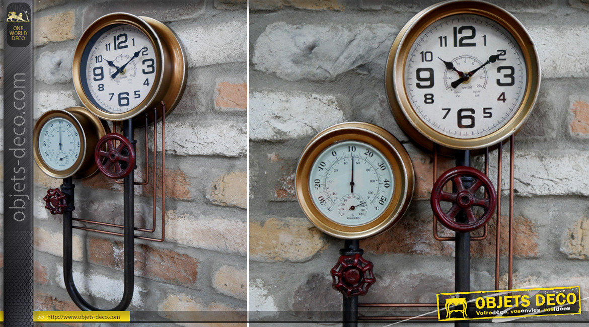 Horloge murale en métal en forme de circuit de plomberie, vanne et nanomètre, finition charbon et laiton brossé, 56cm