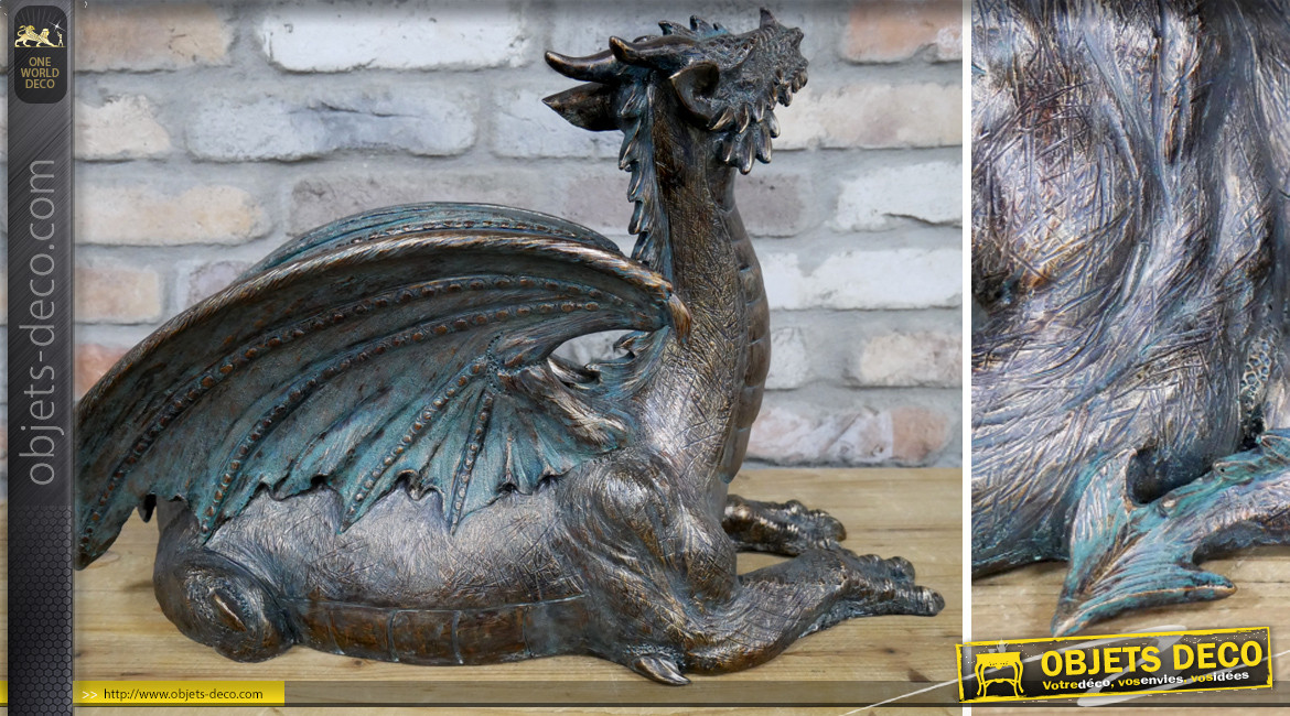 Grand dragon en résine finition bronze effet vieilli oxydé, ambiance donjons et dragons, 60cm de long
