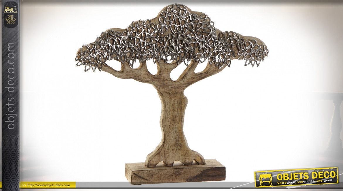 Décoration à poser moderne d'un baobab en aluminium et bois de manguier finition naturelle, 41cm