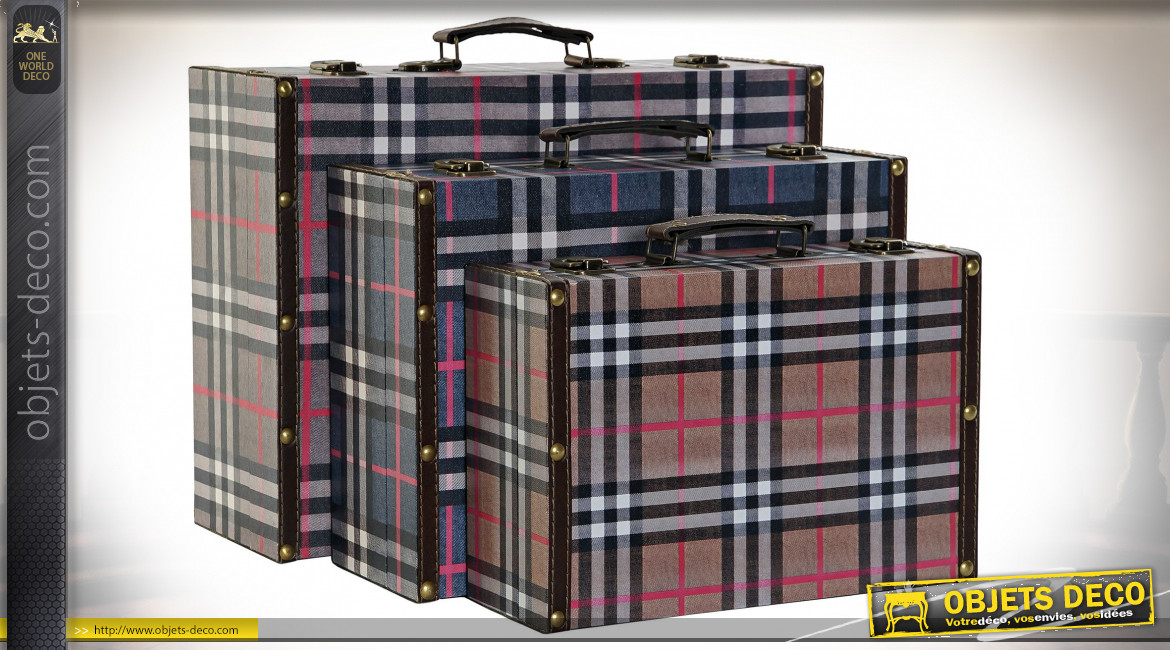 Série de 3 boites de rangement en forme de valise motif tartan, 40cm