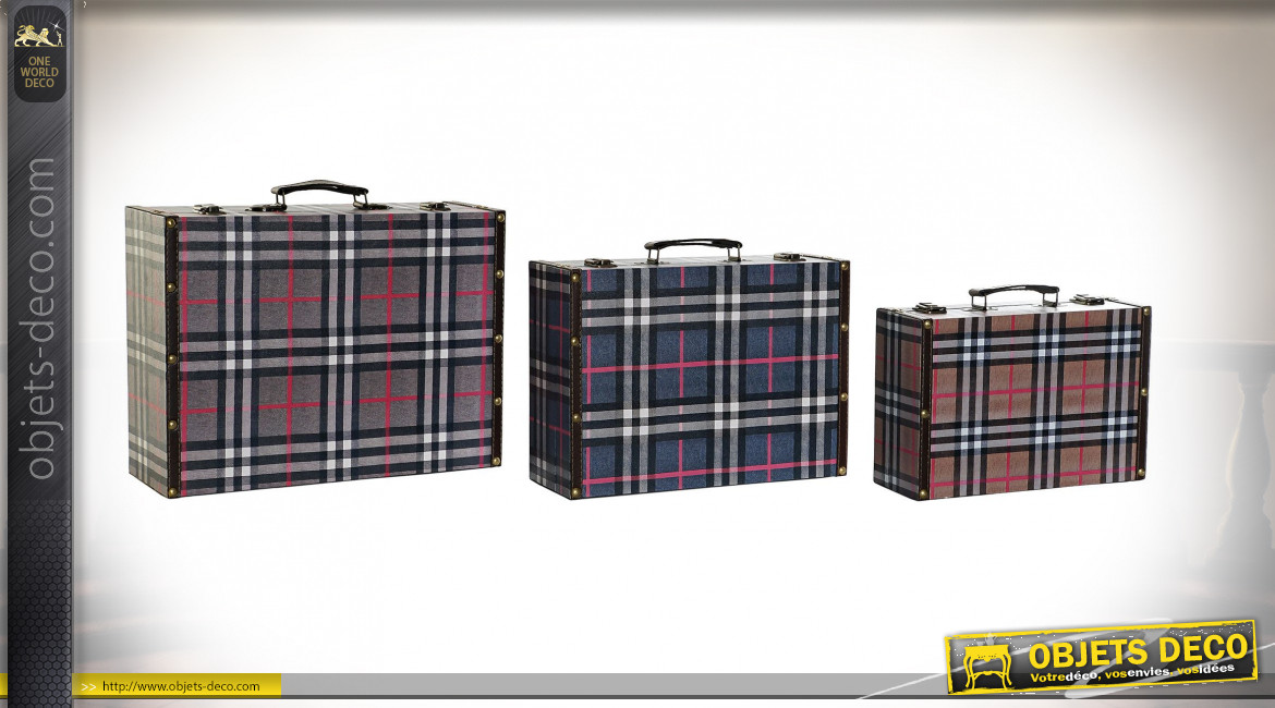 Série de 3 boites de rangement en forme de valise motif tartan, 40cm