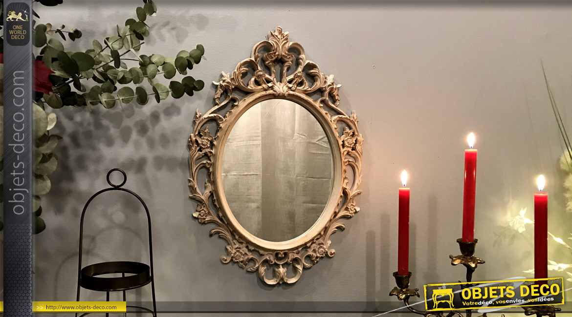 Miroir mural ovale de style baroque, ambiance ancienne coiffeuse classique, finition crème effet ancien, 53cm