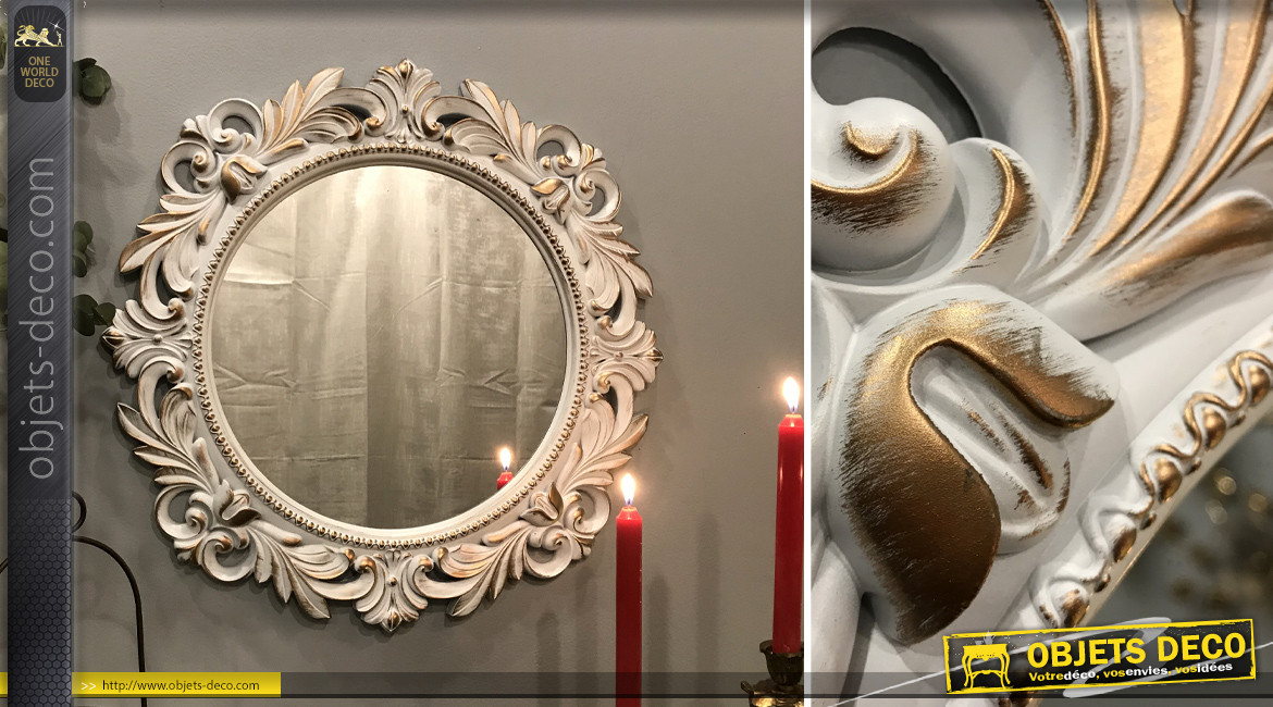Miroir rond mural de style baroco romantique, finition blanc effet ancien avec reflets dorés, rosaces et arabesques, Ø50cm