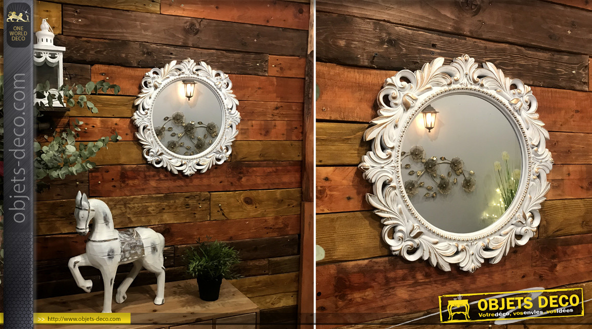 Miroir rond mural de style baroco romantique, finition blanc effet ancien avec reflets dorés, rosaces et arabesques, Ø50cm
