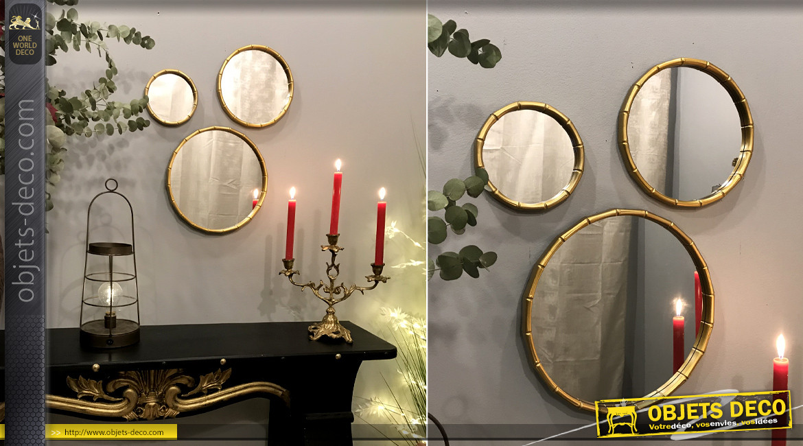 Série de trois miroirs ronds avec encadrements effet bambou, finition doré, ambiance chic moderne, Ø30cm