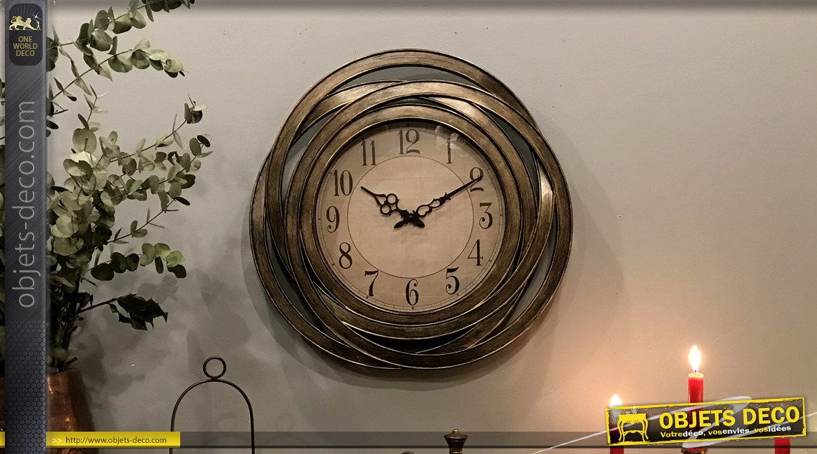 Horloge murale de style moderne, finition cuivrée effet brossé, encadrement esprit métal entrelacé, Ø50cm