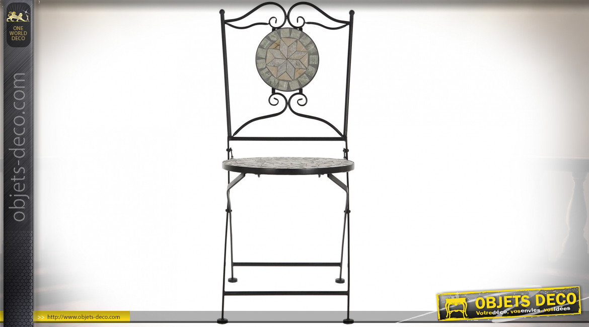 Chaise pliable de jardin en métal esprit fer forgé et mosaïque colorée, 90cm