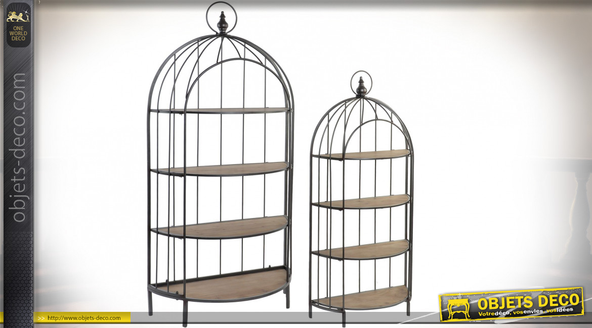 Série de deux étagères en forme de cage à oiseaux en demi-cercle finition brun clair et noire, 187cm
