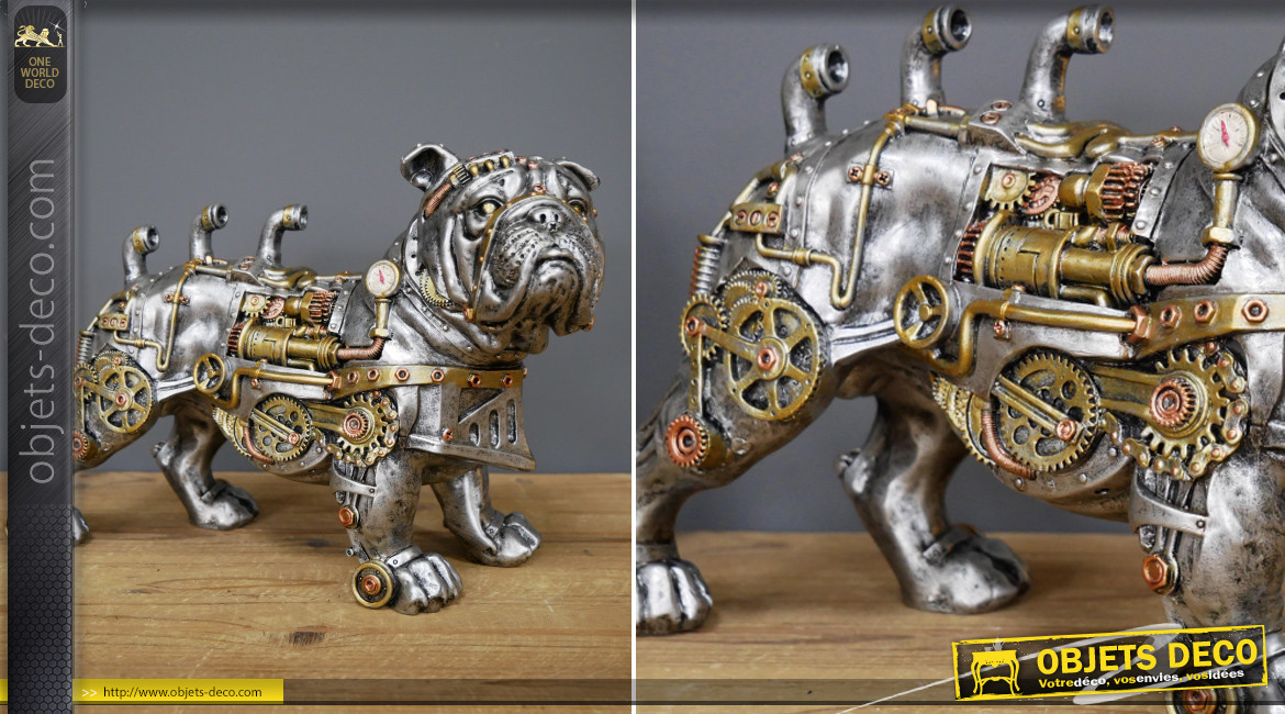 Bulldog en résine collection Steampunk, décoration à poser insolite effet engrenages en métal, 30cm