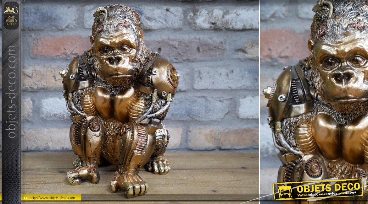 Gorille en résine version Steampunk, effet métallique finition laiton doré avec roues et engrenages, 28cm