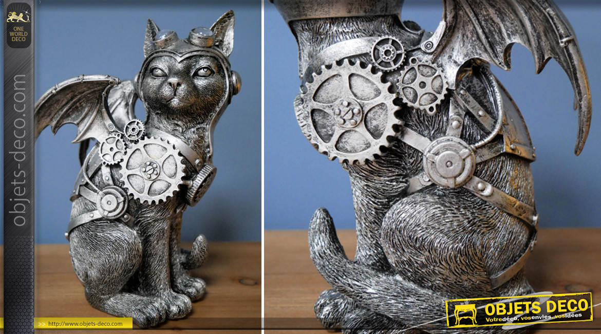 Statuette de chat en version Steampunk, en résine effet metal avec engrenages et roues, détails finition laiton doré, 23cm