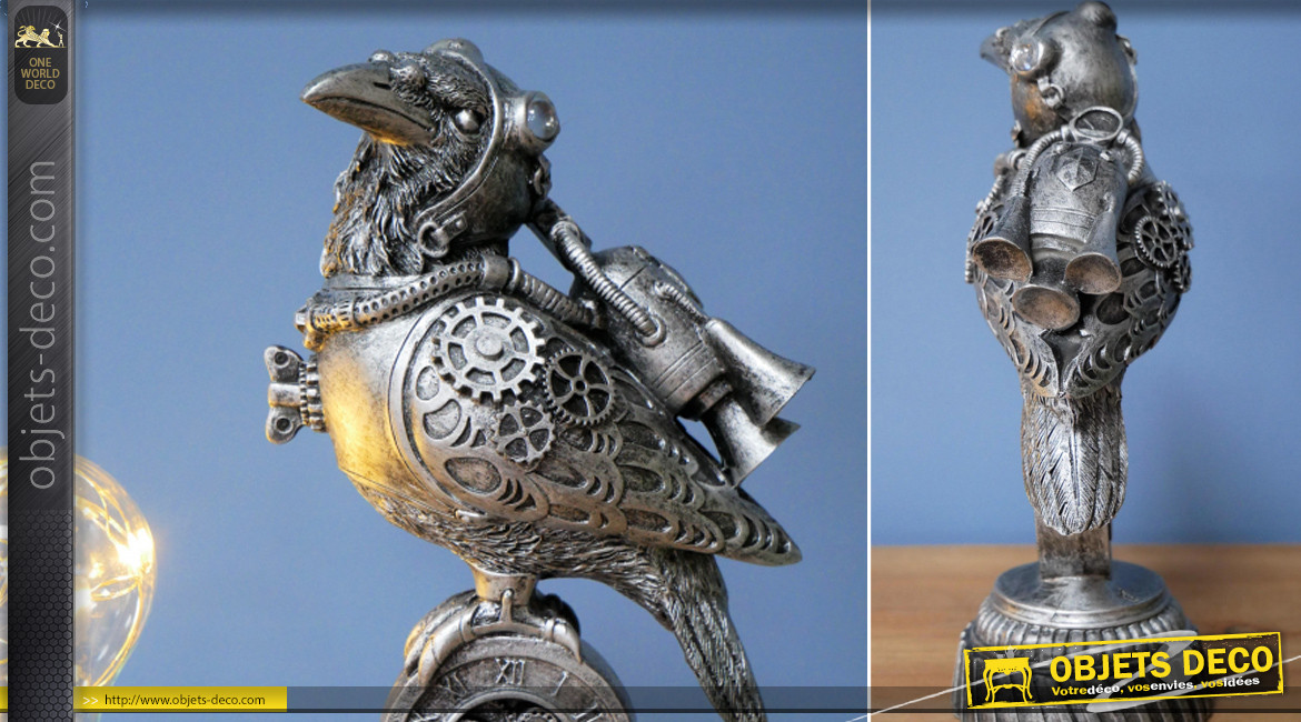 Statuette d'oiseau en version Steampunk, en résine effet metal avec engrenages et roues, détails finition laiton doré, 24 cm
