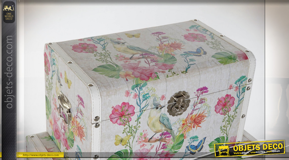 Série de 3 coffres de rangements motifs d'oiseaux et de fleurs ambiance campagne chic, 61cm