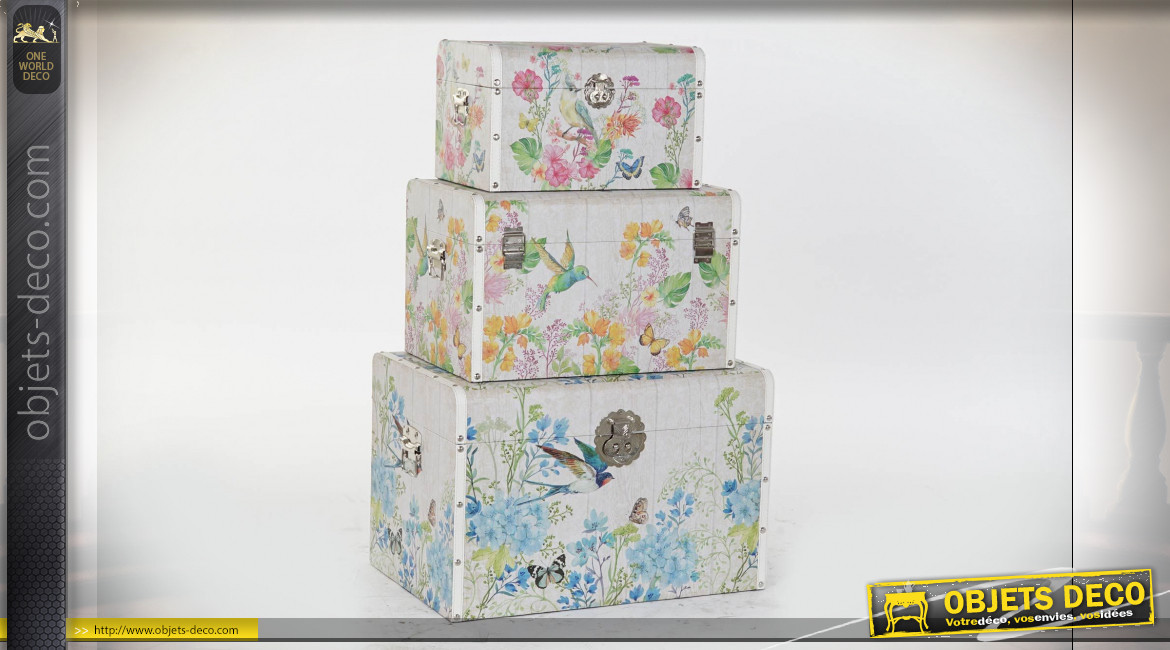 Série de 3 coffres de rangements motifs d'oiseaux et de fleurs ambiance campagne chic, 61cm