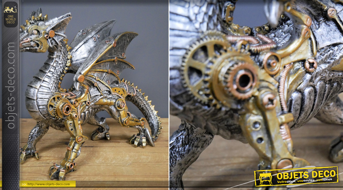 Représentation d'un dragon en version steampunk, en résine effet métal argentée avec touches dorées et finition laiton, 31cm