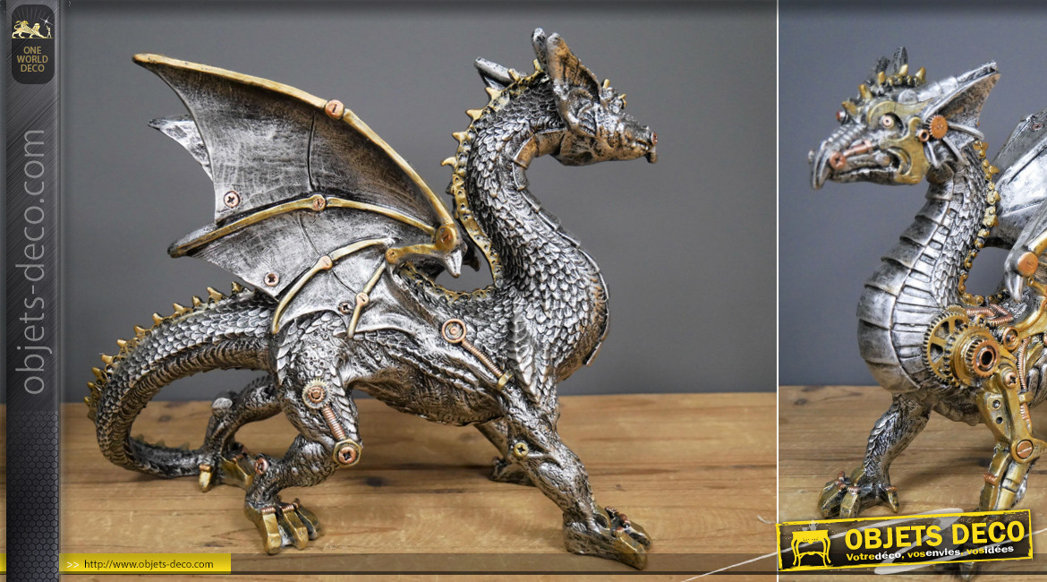 Métallisé Argent Et Or Gothique Steampunk Dragon Statue Art