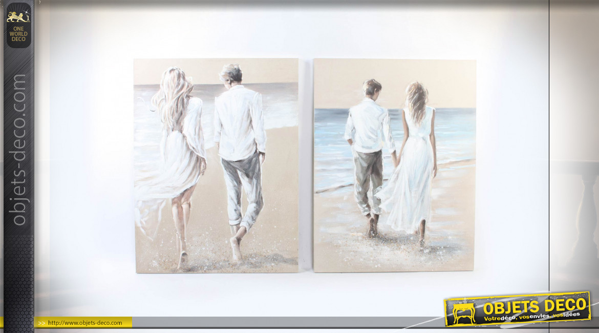 Série de deux tableaux de couples se promenant sur la plage, 120cm