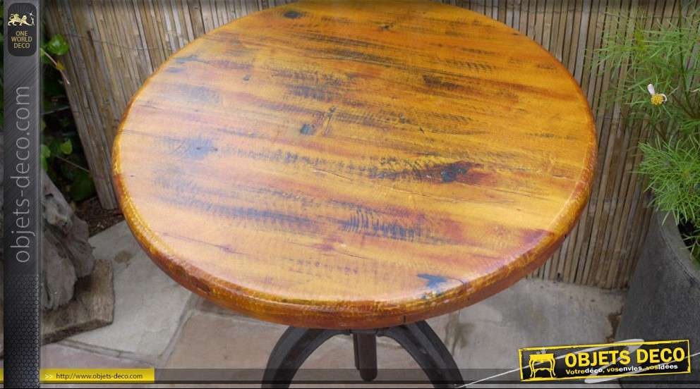 Table à crémaillère ronde bois massif et métal style industriel