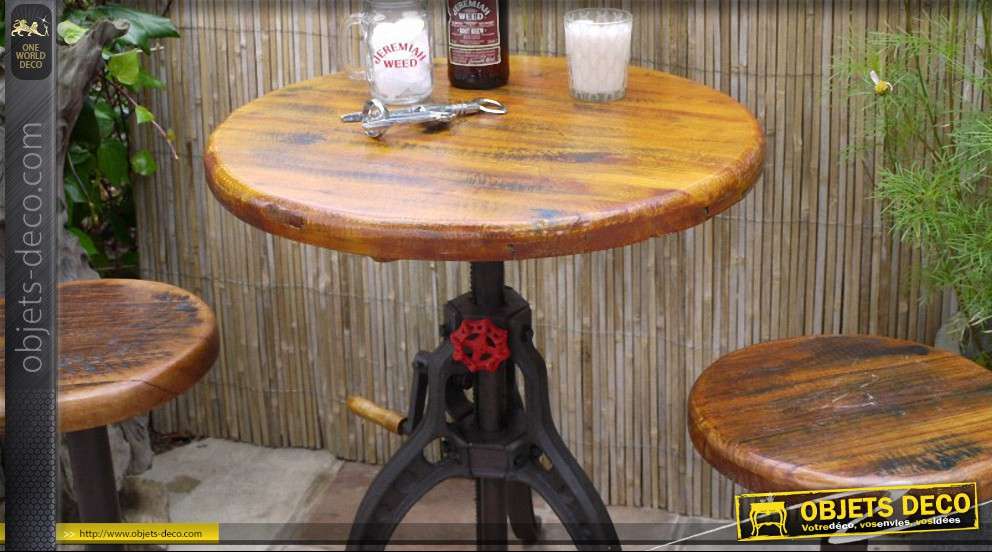 Table à crémaillère ronde bois massif et métal style industriel