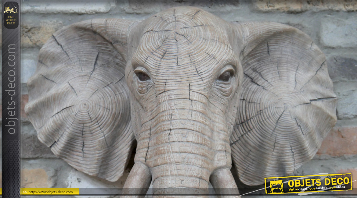 Grande lampe tête d'éléphant sculptée en teck 80 cm