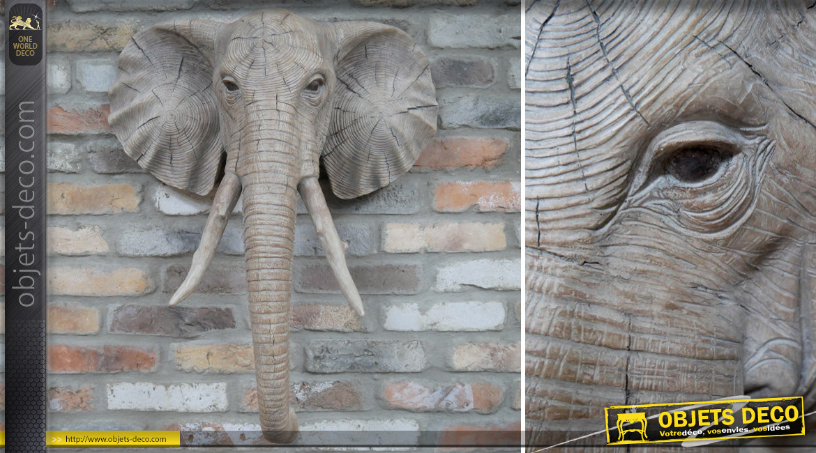 Grande tête d'éléphant murale style trophée, en résine effet bois sculpté, finitions douces et chaudes, ambiance safari, 75cm