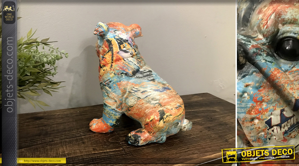 Statuette de bulldog en résine finition pastel multicolore, ambiance contemporaine, 23cm