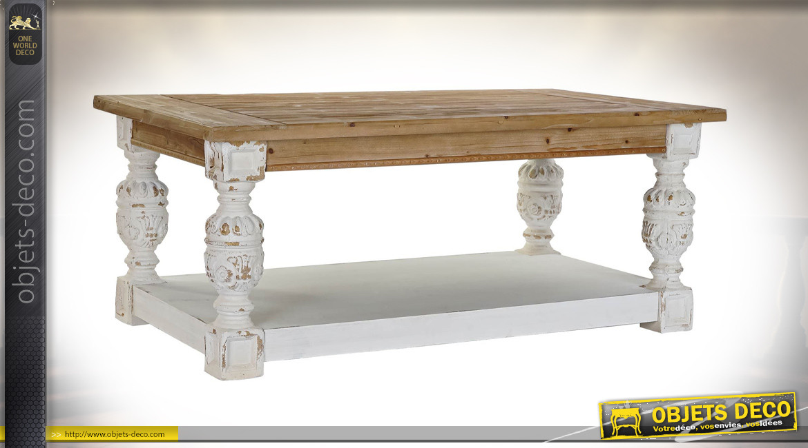 Table basse vintage et rustique patine blanc vieilli 120 cm