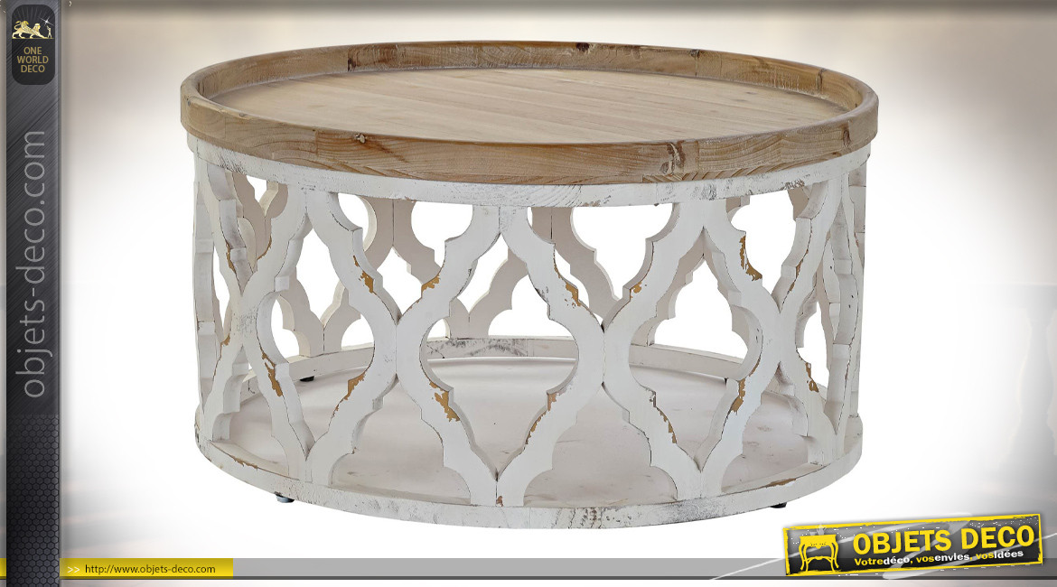 Table basse ronde esprit orientale finition blanc et bois naturel Ø 82 cm