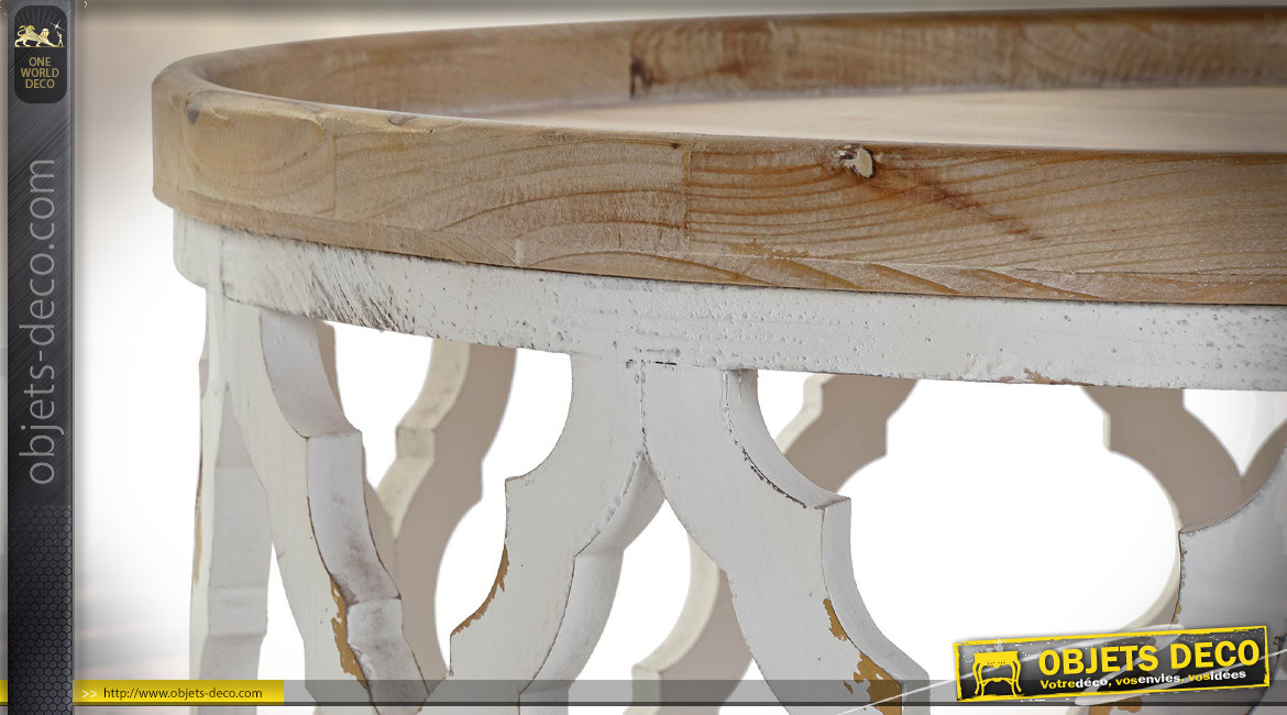 Table basse ronde esprit orientale finition blanc et bois naturel Ø 82 cm