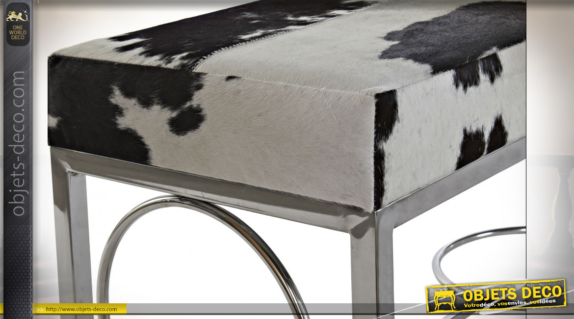 Banquette bout de lit design peau de vache noir et blanc et métal argenté 122 cm
