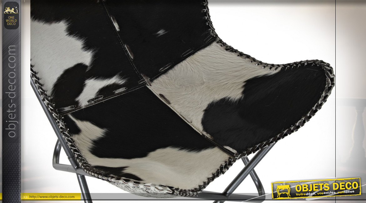 Fauteuil papillon en métal et peau de vache naturelle noir et blanc 90 cm