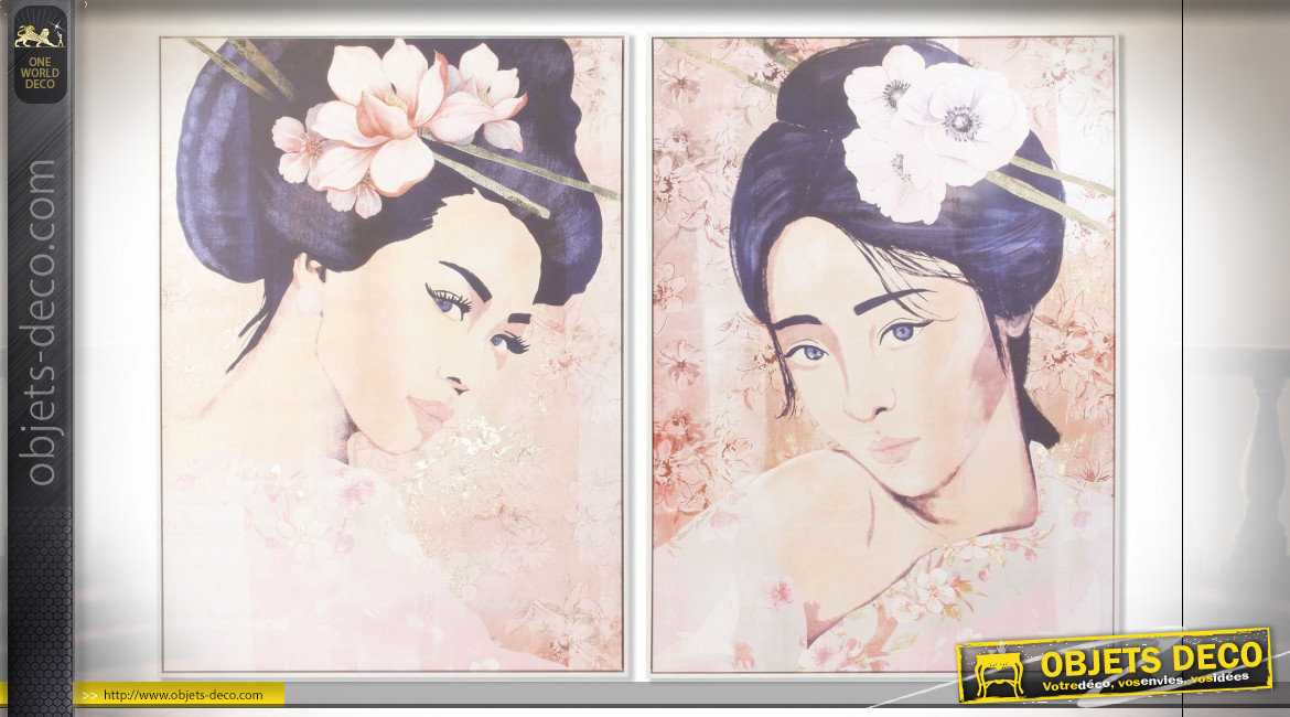 Duo de tableaux sur toile : geishas japonaises 144 x 103 cm
